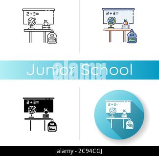 Junior school icon. Linear black and RGB color styles. Primary education establishment, studying basic sciences. Classroom equipment. Blackboard, desk Stock Vector