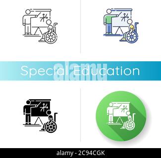 Special education icon. Linear black and RGB color styles. Inclusive education. Conditions for disabled people. Student in wheelchair and personal tea Stock Vector