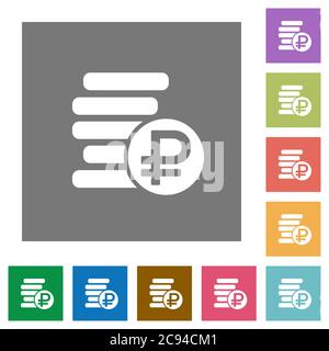 Ruble coins flat icons on simple color square backgrounds Stock Vector