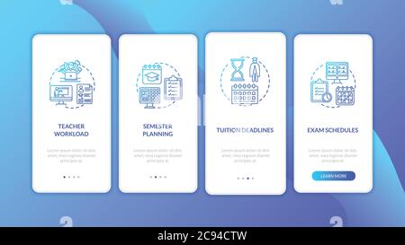 Distance learning elements onboarding mobile app page screen with concepts. Exam schedules. E learning walkthrough 4 steps graphic instructions. UI ve Stock Vector
