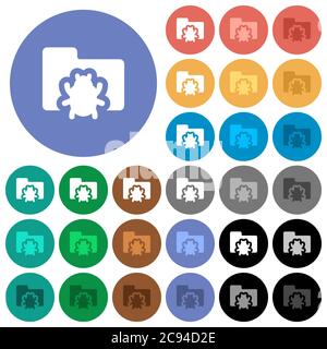 Bug folder multi colored flat icons on round backgrounds. Included white, light and dark icon variations for hover and active status effects, and bonu Stock Vector