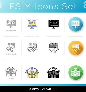 Education system icons set. Linear, black and RGB color styles. University campus, internet courses and elementary school. Primary, secondary and high Stock Vector