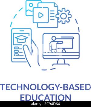 Technology based education concept icon. Mobile and computer learning. Elearning. Webinars. Online education idea thin line illustration. Vector isola Stock Vector