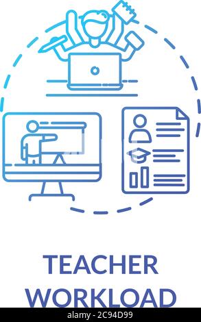 Teacher workload concept icon. Remote education process. Teaching and elearning. Web conferencing. Multitasking idea thin line illustration. Vector is Stock Vector