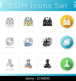 Junior and higher education icons set. Linear, black and RGB color styles. Nursery school for little children. Student exchange program and doctoral s Stock Vector