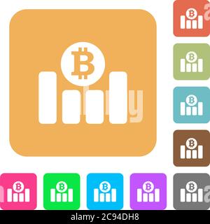 Bitcoin financial graph flat icons on rounded square vivid color backgrounds. Stock Vector