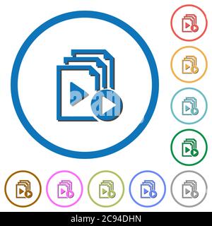 Start playlist flat color vector icons with shadows in round outlines on white background Stock Vector