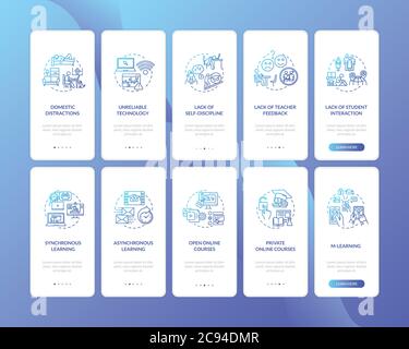 Distance learning cons and types onboarding mobile app page screen with concepts set. Remote education. Walkthrough 5 steps graphic instructions. UI v Stock Vector