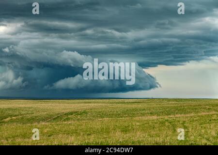 Panorama of a massive mesocyclone weather supercell, which is a pre-tornado stage, passes over a grassy part of the Great Plains while fiercely trying Stock Photo