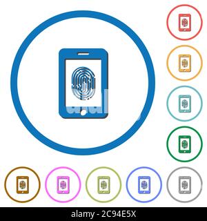 Smartphone fingerprint identification flat color vector icons with shadows in round outlines on white background Stock Vector
