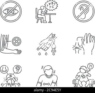 Illness types linear icons set. Deafness and blindness. Student with dyslexia. Muscular dystrophy. Customizable thin line contour symbols. Isolated ve Stock Vector