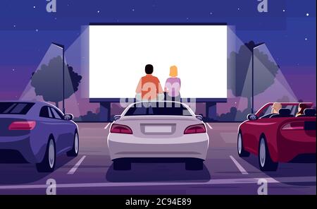 Romantic movie night semi flat vector illustration. Open air cinema. Drive in premiere. Weekend entertainment in public parking. Couple watch film 2D Stock Vector