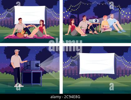 Outdoor home cinema semi flat vector illustration set. Couple on romantic date. Projectionist with device. Film watching outside. Friends 2D cartoon c Stock Vector