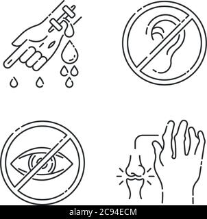 Health care problem linear icons set. Bleeding from hemophilia. Arm injury. First aid for cut vein. Customizable thin line contour symbols. Isolated v Stock Vector