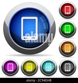 Mobile phone with blank display icons in round glossy buttons with steel frames Stock Vector