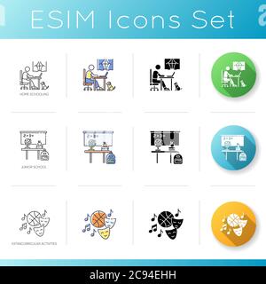 Primary education icons set. Linear, black and RGB color styles. Home schooling, junior school and extracurricular activities. Elementary and remote e Stock Vector