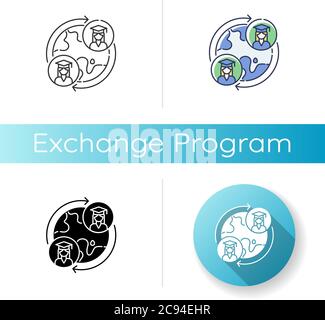 Exchange program icon. Linear black and RGB color styles. International students swap. Opportunity for studying in foreign university. Education abroa Stock Vector