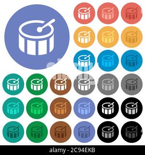 Drum multi colored flat icons on round backgrounds. Included white, light and dark icon variations for hover and active status effects, and bonus shad Stock Vector