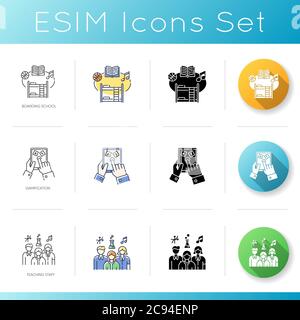 Education icons set. Linear, black and RGB color styles. Boarding school, teaching staff and studying gamification. Academic institutions and teaching Stock Vector