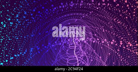 Array with dynamic particles. Swirl with connected dots. Abstract science or technology background. 3d vector illustration. Stock Vector