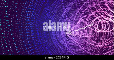 Array with dynamic particles. Swirl with connected dots. Abstract science or technology background. 3d vector illustration. Stock Vector