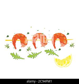 Grilled shrimp with lemon wedges - delicious seafood Stock Vector