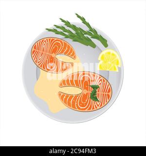 Aromatic salmon steaks with lemon wedges and delicious asparagus on a plate. Healthy food concept Stock Vector