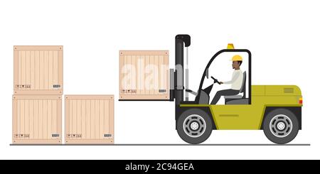 African american warehouse worker loading wooden boxes. Forklift driver at work in storehouse. Warehouse worker in flat style isolated on white backgr Stock Vector