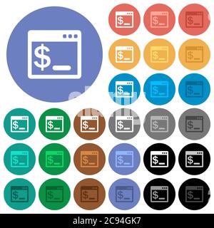 OS command terminal multi colored flat icons on round backgrounds. Included white, light and dark icon variations for hover and active status effects, Stock Vector