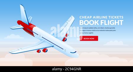 Air travel, plane tickets booking banner design template. Airplane flies in blue sky vector 3d isometric illustration. International traveling and tou Stock Vector