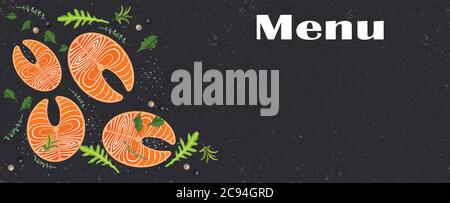 Delicious salmon steaks with arugula leaves and aromatic herbs. Healthy food concept Stock Vector