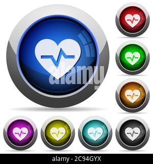 Heartbeat icons in round glossy buttons with steel frames Stock Vector