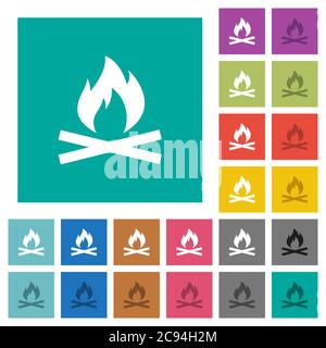 Camp fire multi colored flat icons on plain square backgrounds. Included white and darker icon variations for hover or active effects. Stock Vector