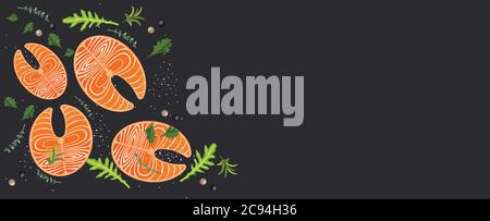 Delicious salmon steaks with arugula leaves and aromatic herbs on the texture of a dark background Stock Vector