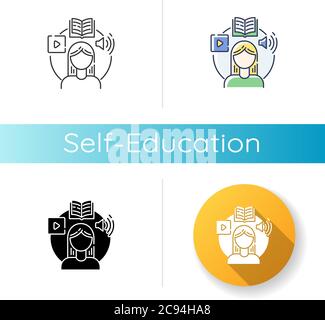 Self education icon. Linear black and RGB color styles. Skills development, personal growth. Online education, internet training courses. Student stud Stock Vector