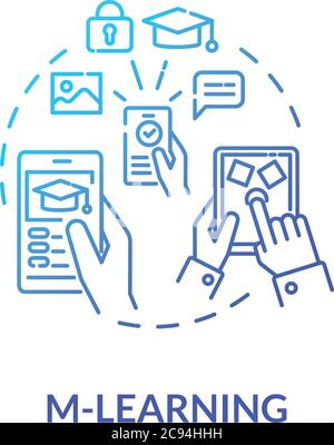 M learning concept icon. Virtual classrooms and lessons. E learning. Educational applications for smartphones idea thin line illustration. Vector isol Stock Vector