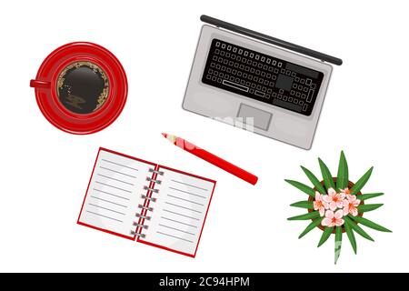 Set of office supplies isolated on white background. Laptop, coffee, notebook, pencil and flower in pot. Top view office supplies. Stock vector Stock Vector
