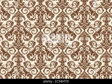 Beautiful damask pattern of brown and beige colors. Royal design with floral ornament. Seamless wallpaper with a damascus tile texure. Raster illustra Stock Photo