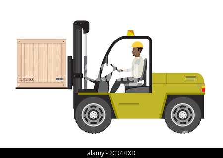 African american warehouse worker loading wooden boxes. Forklift driver at work in storehouse. Warehouse worker in flat style isolated on white backgr Stock Vector