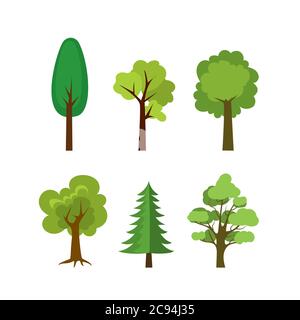Six trees set,isolated on white background,flat vector illustration Stock Vector