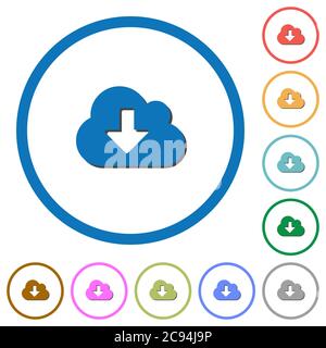 Cloud download flat color vector icons with shadows in round outlines on white background Stock Vector