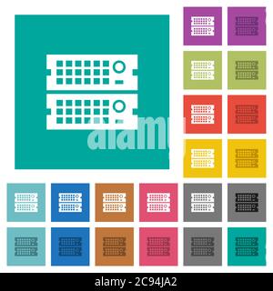 Rack servers multi colored flat icons on plain square backgrounds. Included white and darker icon variations for hover or active effects. Stock Vector