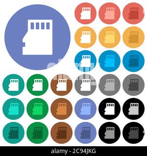 Micro SD memory card multi colored flat icons on round backgrounds. Included white, light and dark icon variations for hover and active status effects Stock Vector