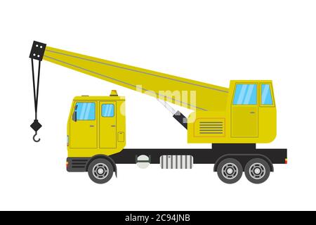 Truck crane. Yellow, isolated on white background. Construction machinery.Flat Vector illustration Stock Vector