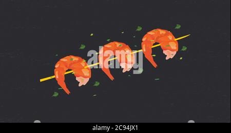 Grilled shrimp with lemon wedges - delicious seafood on a dark background Stock Vector