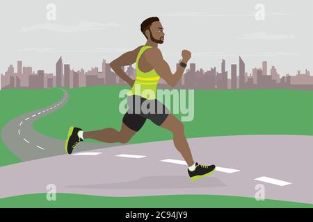 The african american guy running on the background of of the city,flat vector illustration Stock Vector