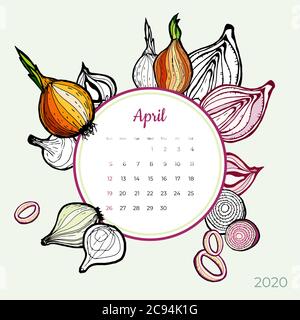 2020 April calendar vegetable. Orange red onion groceries art vector set. Desk, screen, colorful 2020 calendar template. Stock Vector