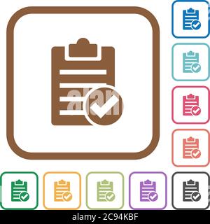 Note done simple icons in color rounded square frames on white background Stock Vector