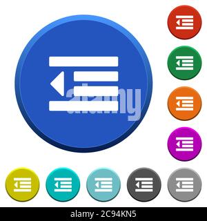 Decrease text indentation round color beveled buttons with smooth surfaces and flat white icons Stock Vector