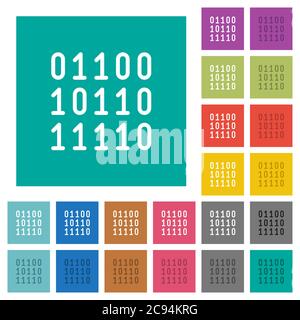 Binary code multi colored flat icons on plain square backgrounds. Included white and darker icon variations for hover or active effects. Stock Vector